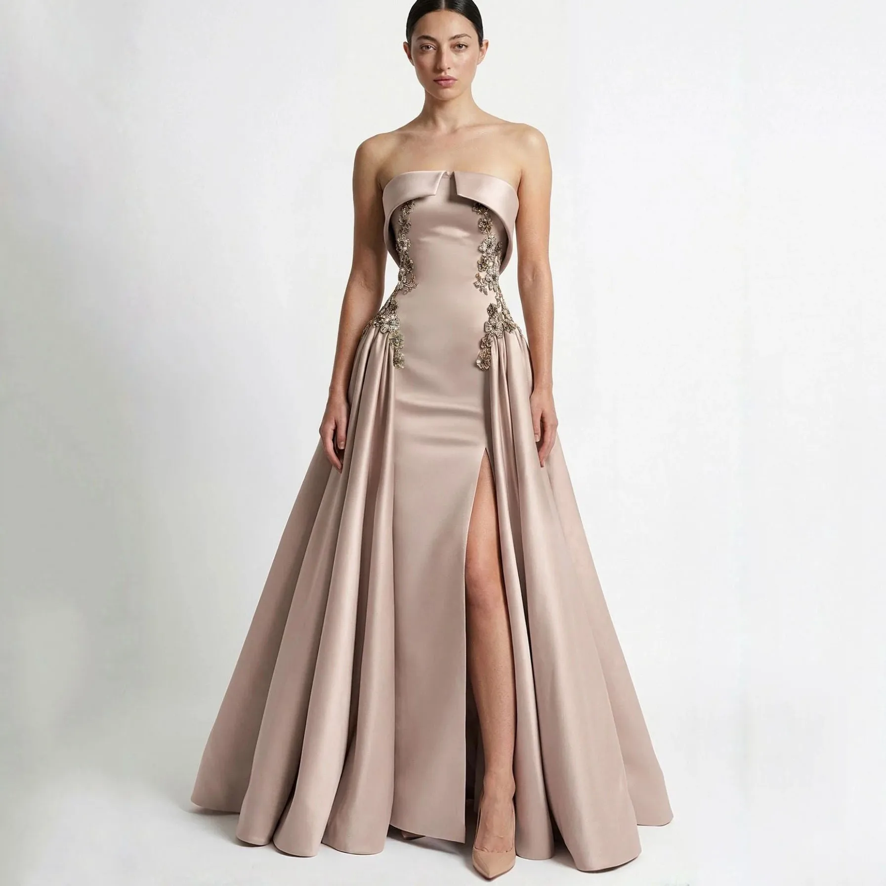 Customized Strapless Mother of the Bride Dress A Line With Split Bride Prom Backless Party Gown Robe Invitée Mariage