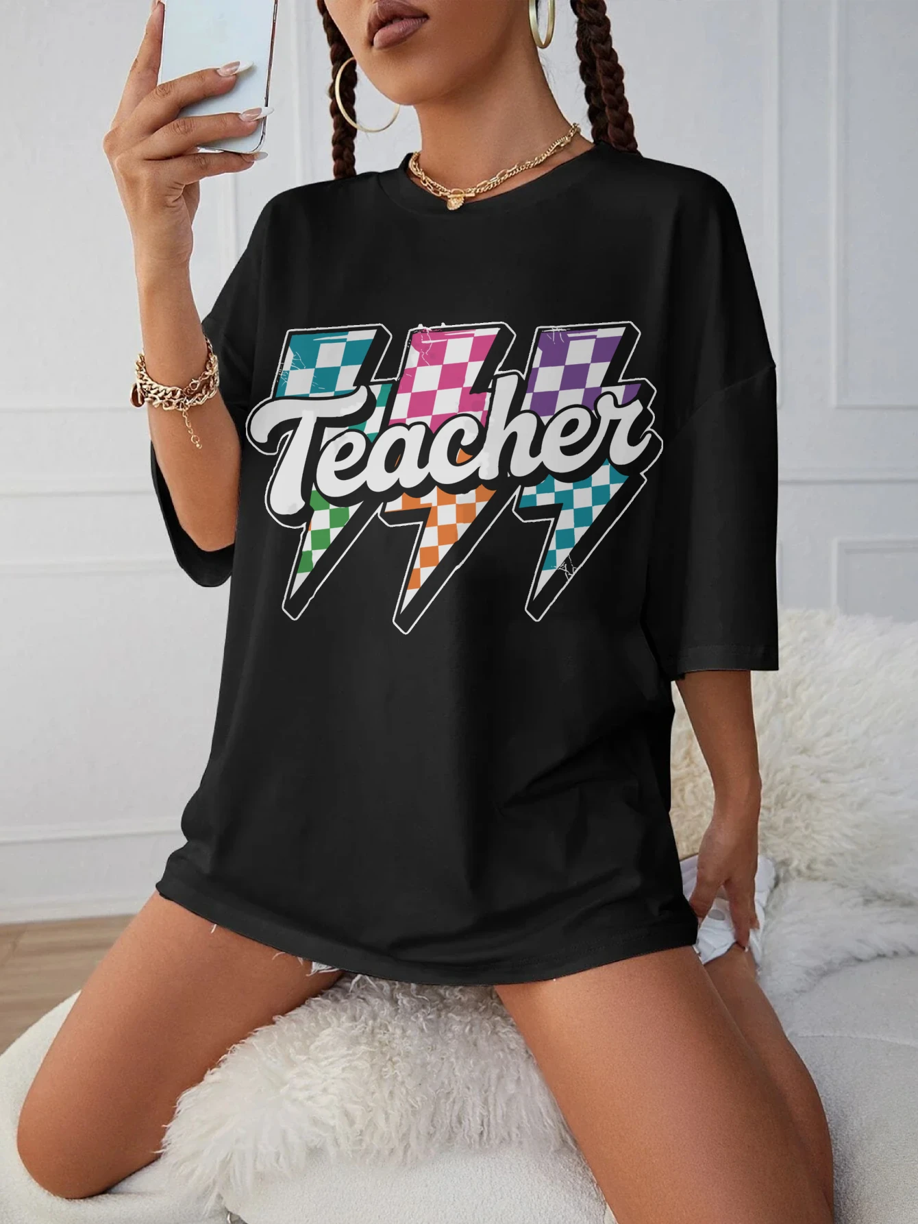 

Черная свободная футболка с круглым вырезом Lightning Bolt Teacher для женщин, одежда для беременных, удобная зимняя одежда