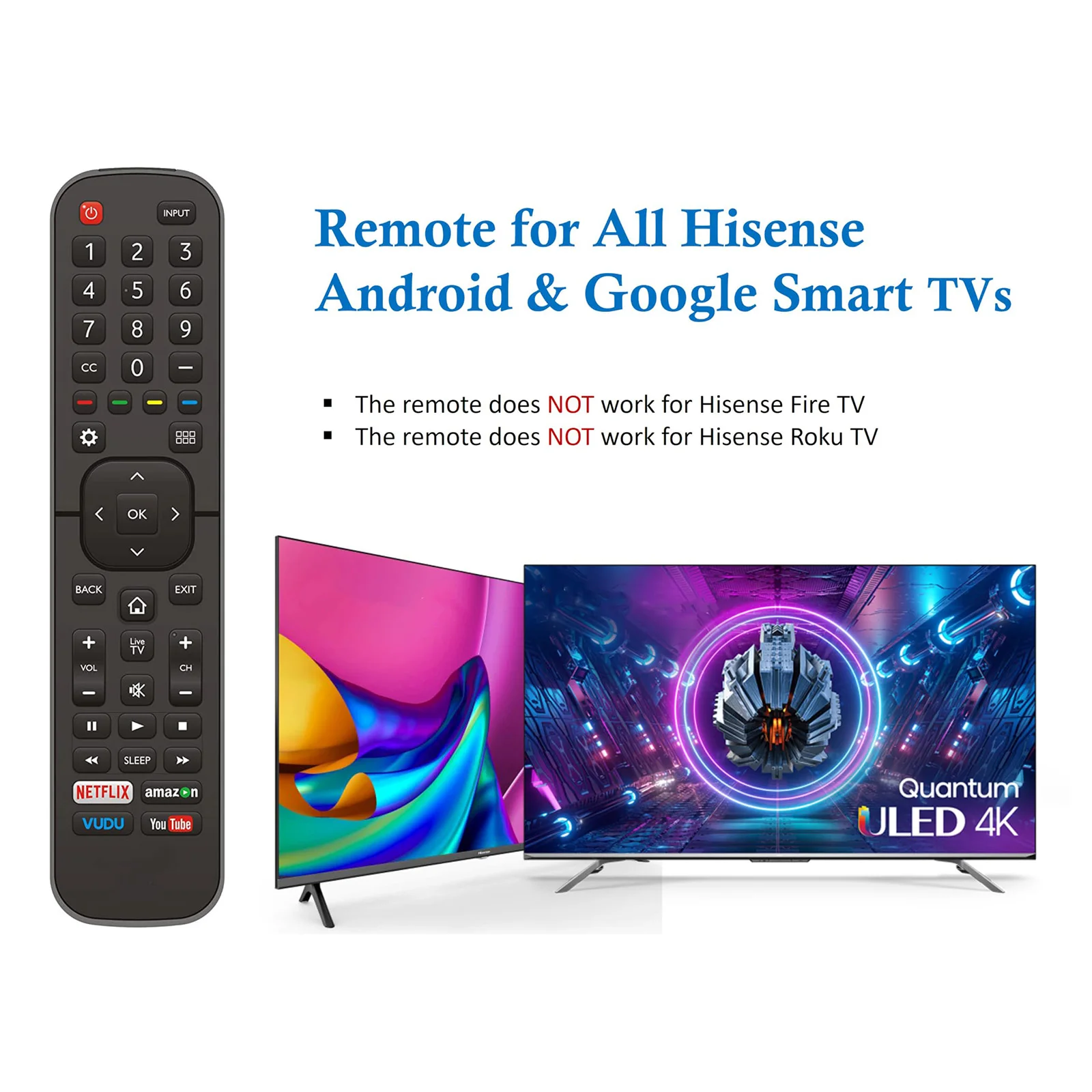 Universal Replacement Remote Control EN2A27 for All Hisense 4K UHD LED HD Smart TV, Not for Fire TV & Roku TV