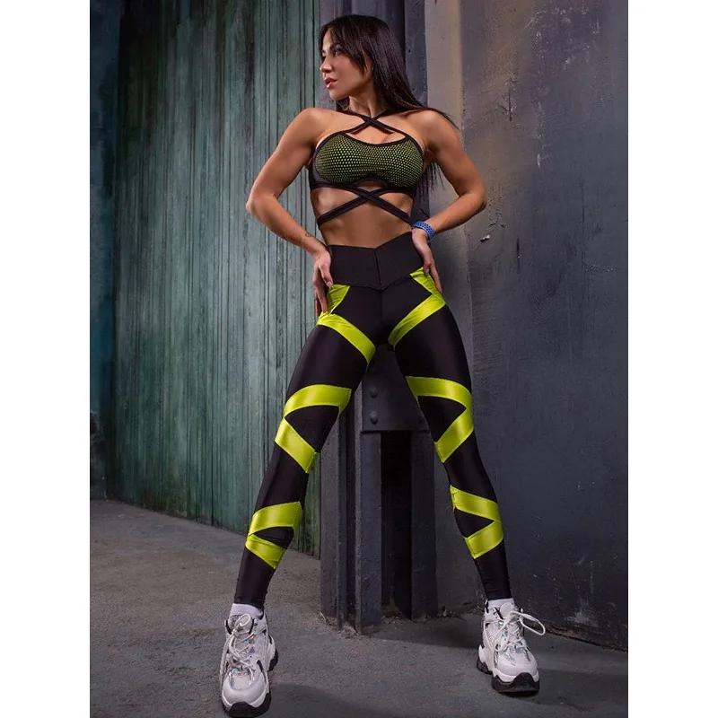 Spliced Mesh Lace Up Bra Tight Pants Cool Girl Sports Set Water Sports Fitness Suit Workout Sportswear Leggings Dwuczęściowy zestaw