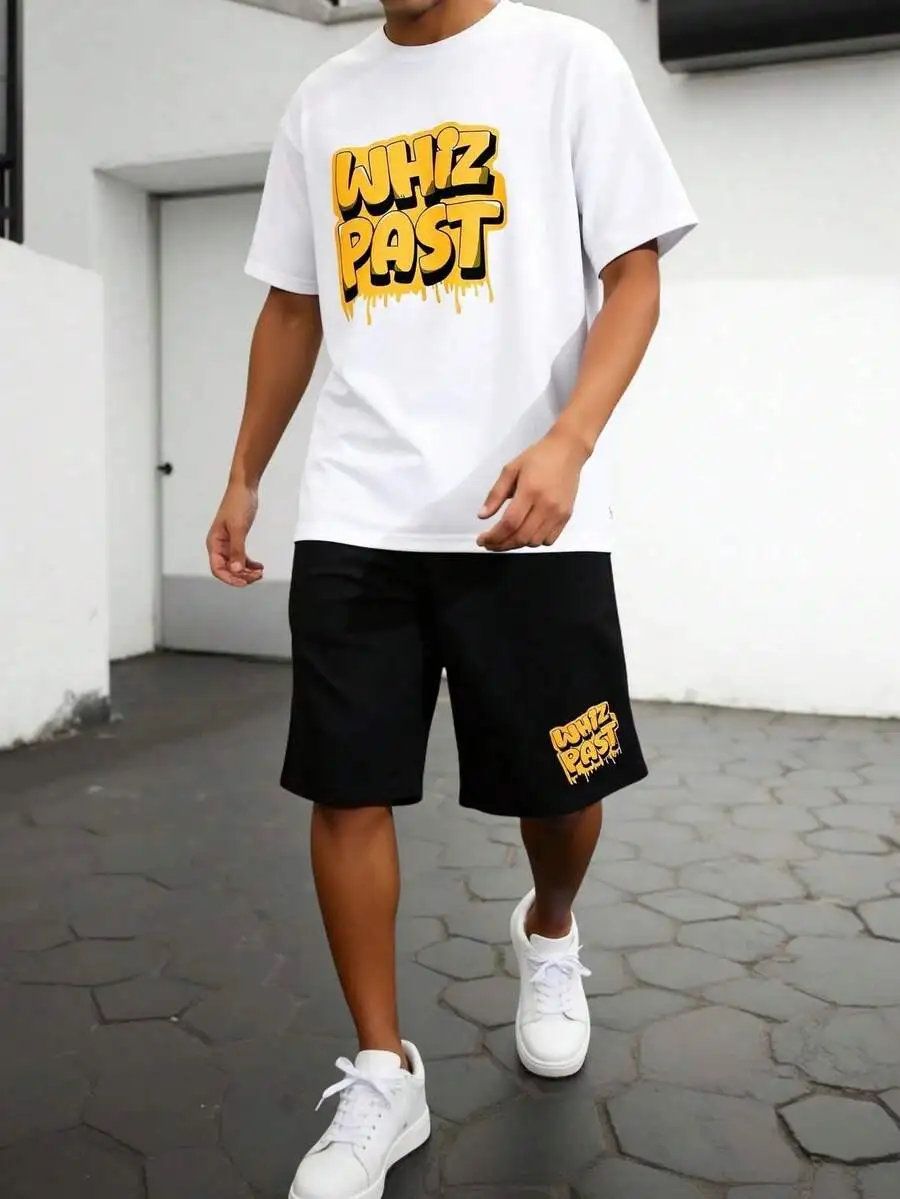 2pcs Men Creative Streetwear Print T-Shirt & Shorts Set Colorful Bear With Money Bags And Cross Pattern Print Casual Wear Soft view 5
