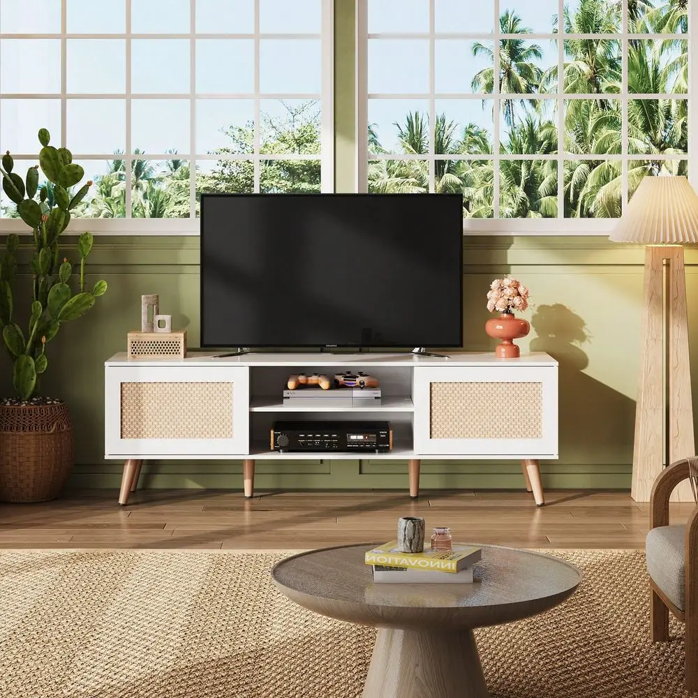 

Inch TV Stand For Living Room, 58 Boho TV Console With 2 Storage Cabinets Rattan Doors,White