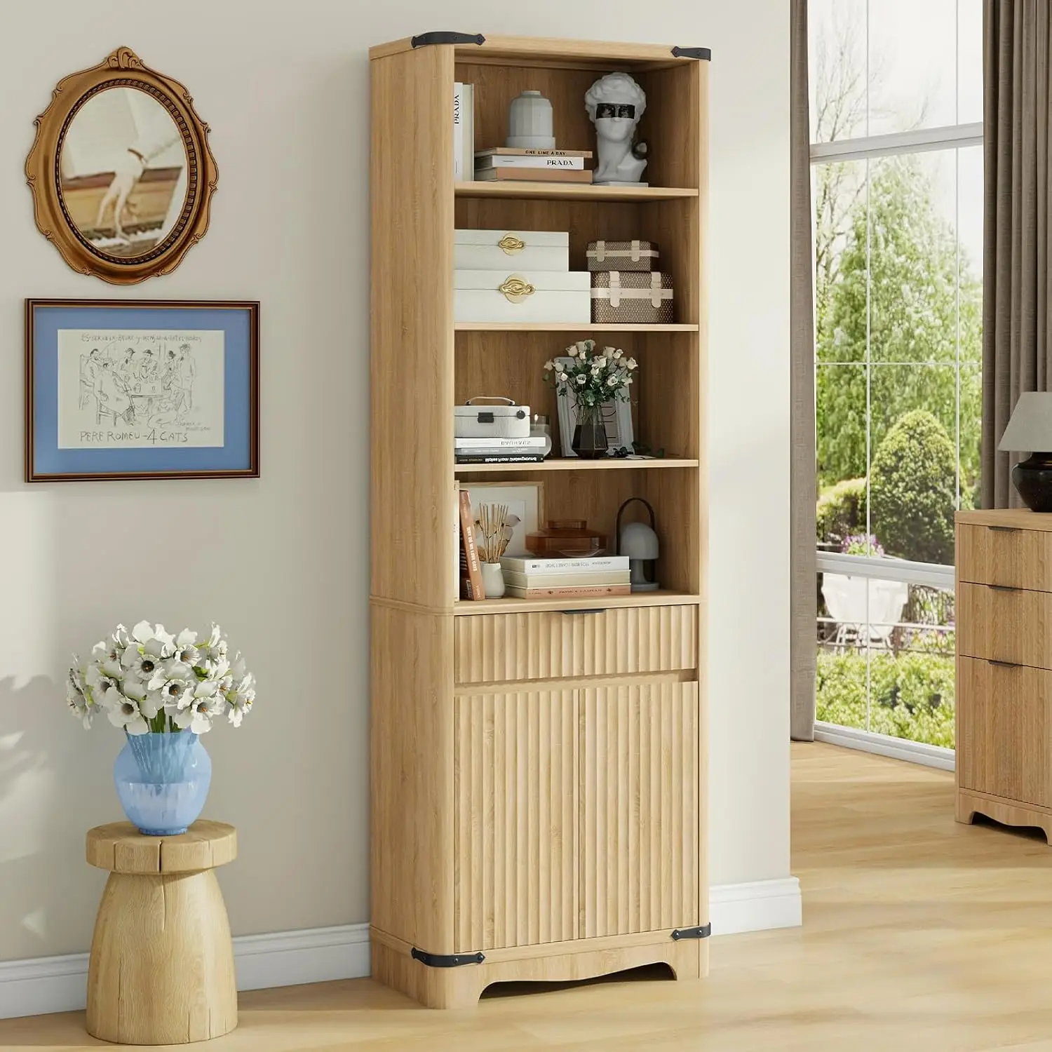 

Fluted Bookcase with Doors and Drawer, Modern Farmhouse 70.47'' Tall Narrow Bookshelf with Storage, Wooden Floor Standing 6