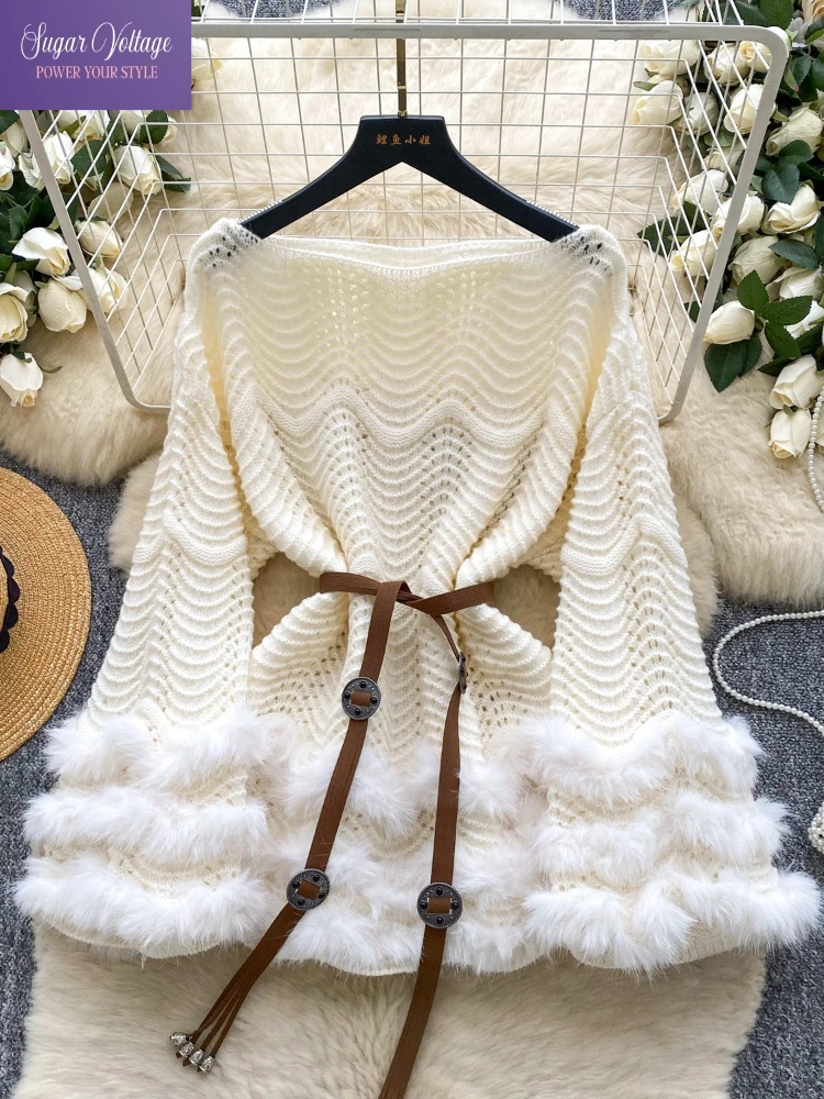 

France Fashion Elegant Plush Knit Sweater Women Autumn Winter Loose Fit Tie Waist Pullover Soft Fringe Hem Casual Fairy Chic Top