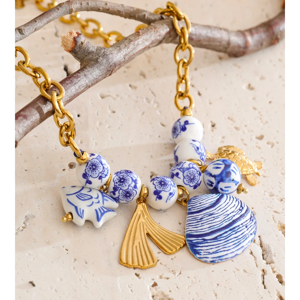 Yhpup Ocean Style Stainless Steel Blue Ceramic Beads Chain Fish Shell Drop Statement Necklace 18K Gold Color PVD Plated Jewelry