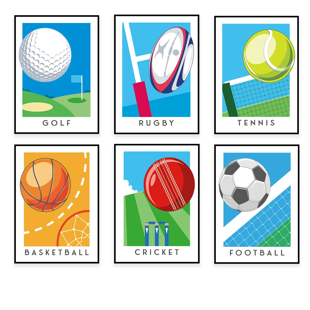 Sports Themed Wall Art Print Poster - Basketball Football Tennis Cricket Pickleball Golf Rugby Decor for Home
