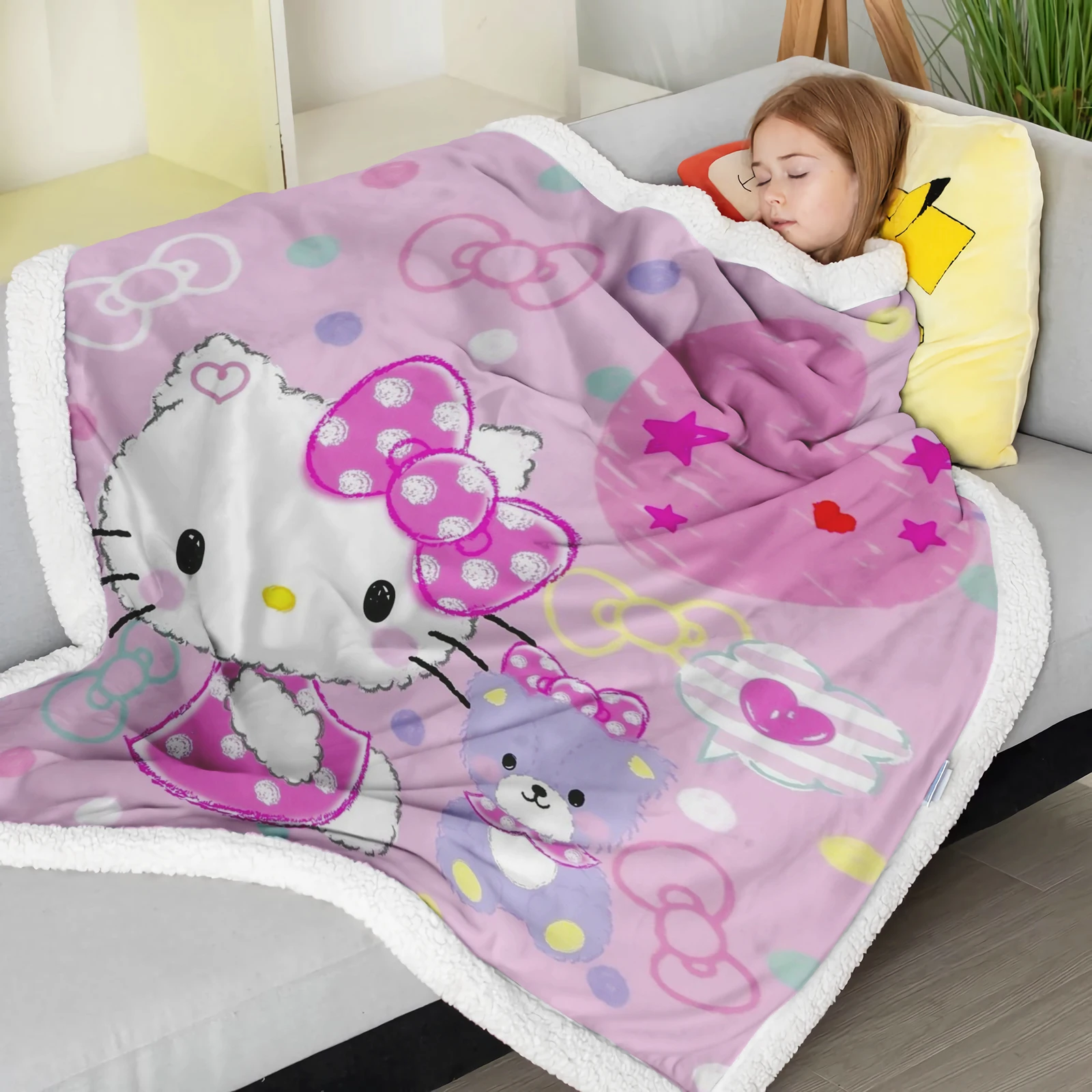 

Hello Kitty Cartoon Blanket, Nap Throws, Plush, Furry, Cute, Printing, Custom, Modern, Winter, Gifts For Kids