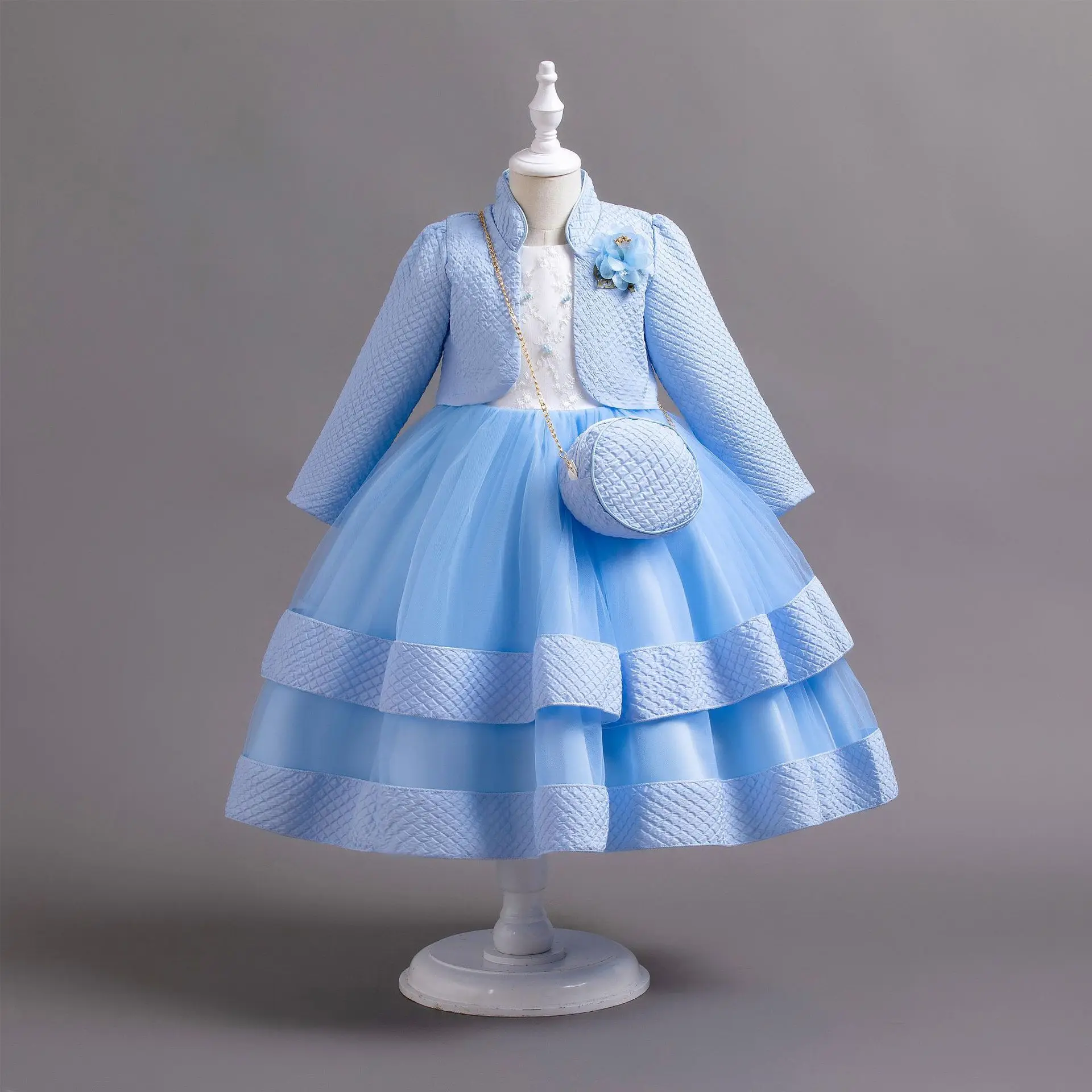 

HETISO Elegant White Christmas Dress for Girls with Pearl Layers Long Sleeve Plaid Coat Kids Gown with Bag Appliques