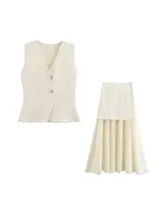 TRAF Women Fashion With Golden Buttons Knit Waistcoat And High Elastic Waist Pleated Midi Skirt Female Two Piece Sets Mujer
