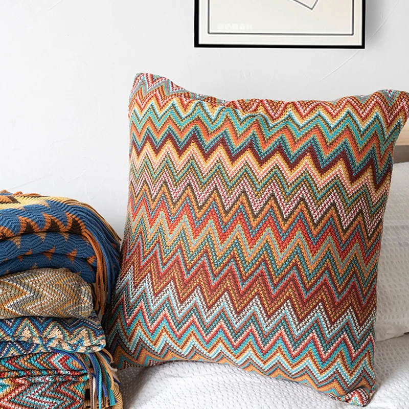 Knitted Cushion Cover Soft Boho Orange Green Flocking Pillow Case 45cmt45cm for Home Decoration Living Room Bed Room