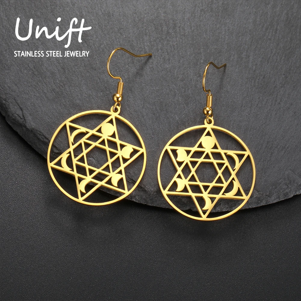 Unift Moon Phases Star of David Earrings for Women Stainless Steel Circle Charms Earring Ethnic Jewish Star Jewelry Party Gift