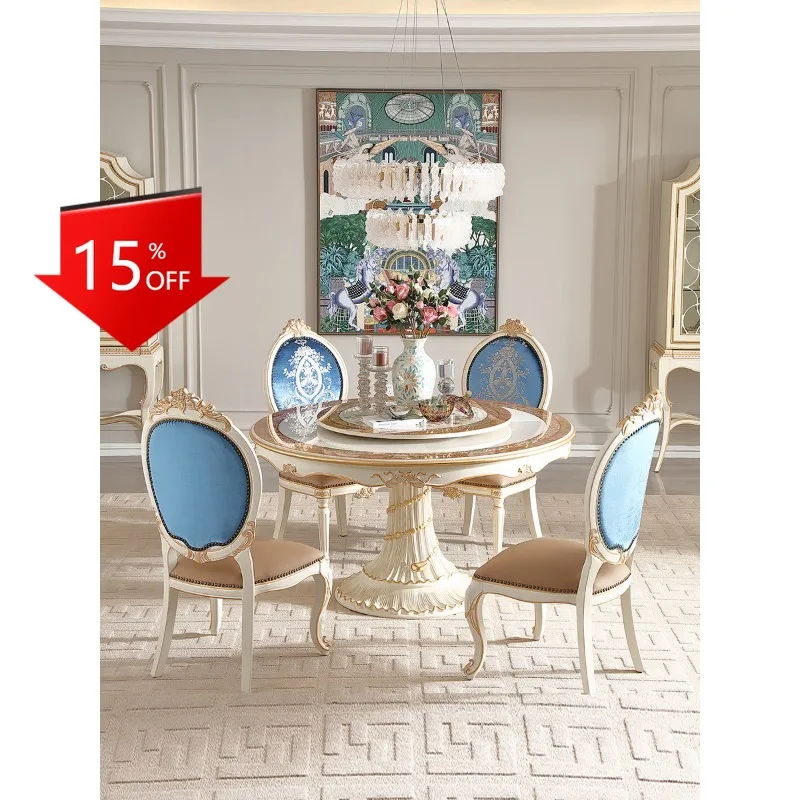 

French light luxury solid wood gold foil carved round dining table European court style villa dining table and chairs