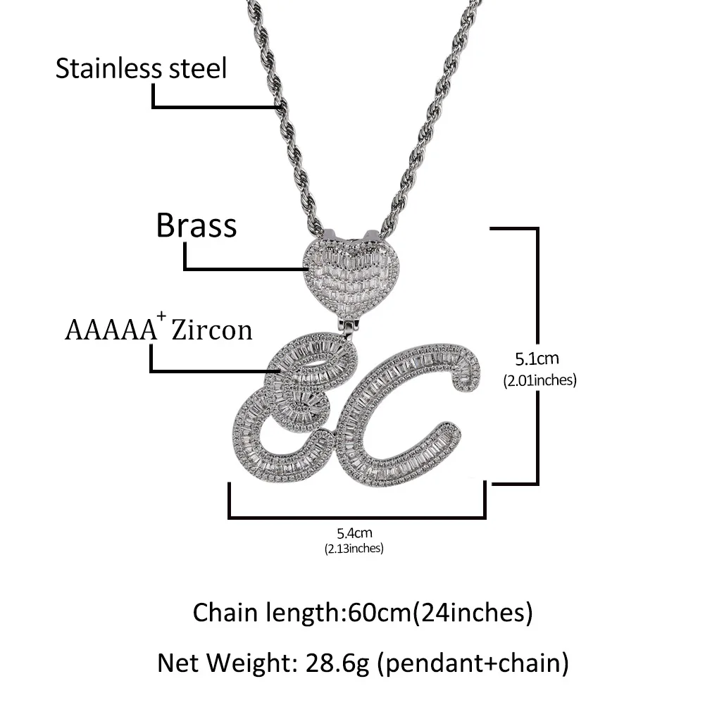 Hip Hop Baguettes Cursive Brush CZ Custom Name Necklaces Letters & Pendant Cubic Zirconia For Men Women Jewelry With Heart Clasp