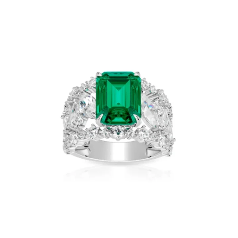 

BELLUX 925 Silver Synthetic Zircon Ring Green Square Artificial Emeralds Four Claw Hollow Design Luxury Fashion Ring
