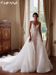 Embroidery Lace With Beads Pearl Wedding Dress Detachable Train Mermaid Long Bridal Gown Customized Sleeveless Dresses For Bride