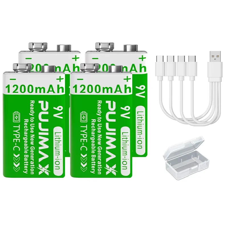 PUJIMAX 9V 1200mAh Hochleistungs-USB-C Lithium-Ionen-Akku Wiederaufladbare Batterie mit Typ-C-Kabel für Spielzeug Fernbedienung Kamera