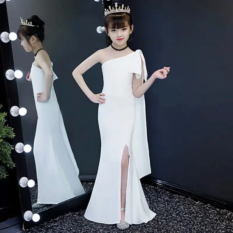 Ribbon Sexy Slit Kid Evening Dress Children Girl Bodycon One Shoulder Ball Gowns Birthday Elegant Mermaid Wedding Party Dresses