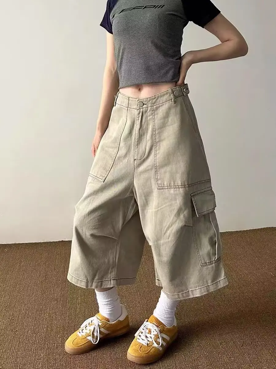 

Летние укороченные брюки для мужчин и женщин в американском стиле ретро с несколькими карманами, свободные широкие повседневные уличные шорты, Workwe