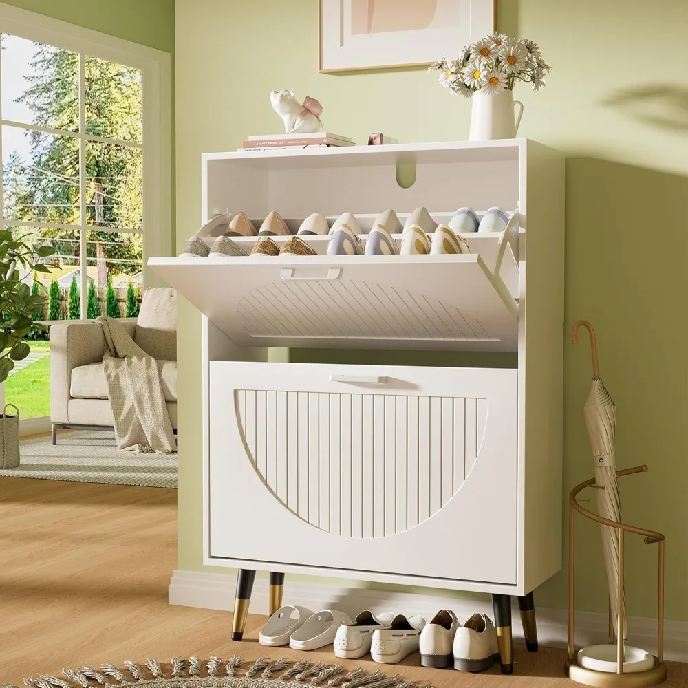 

rattan shoe cabinet with 2 flip drawers, narrow shoe storage organizer for entryway, rustic oak shoe rack with metal legs, black