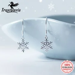 TrustDavis Real 925 Sterling Silver Earring Winter Snowflakes Charm Dangle Earrings For Women Wedding Christmas Jewelry DA01-9