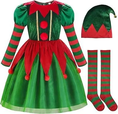 Meninos meninas elf festa de natal cosplay trajes elf orelha role play conjunto chapéu de natal vestido e sapatos cobre meias crianças terno