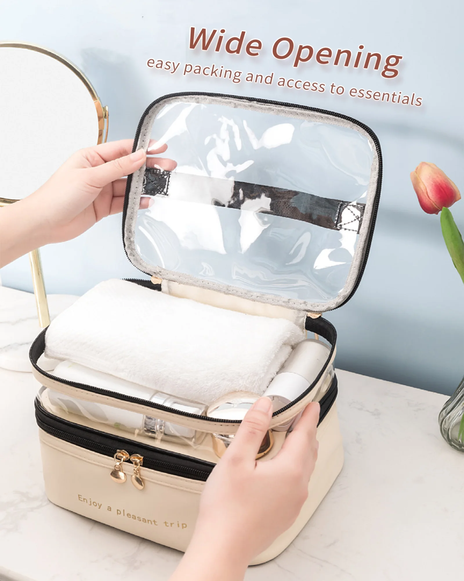 Two-layer PU Transparent Toiletry Bag Waterproof and Stylish Large Capacity Cosmetic Bag for Travel and Business