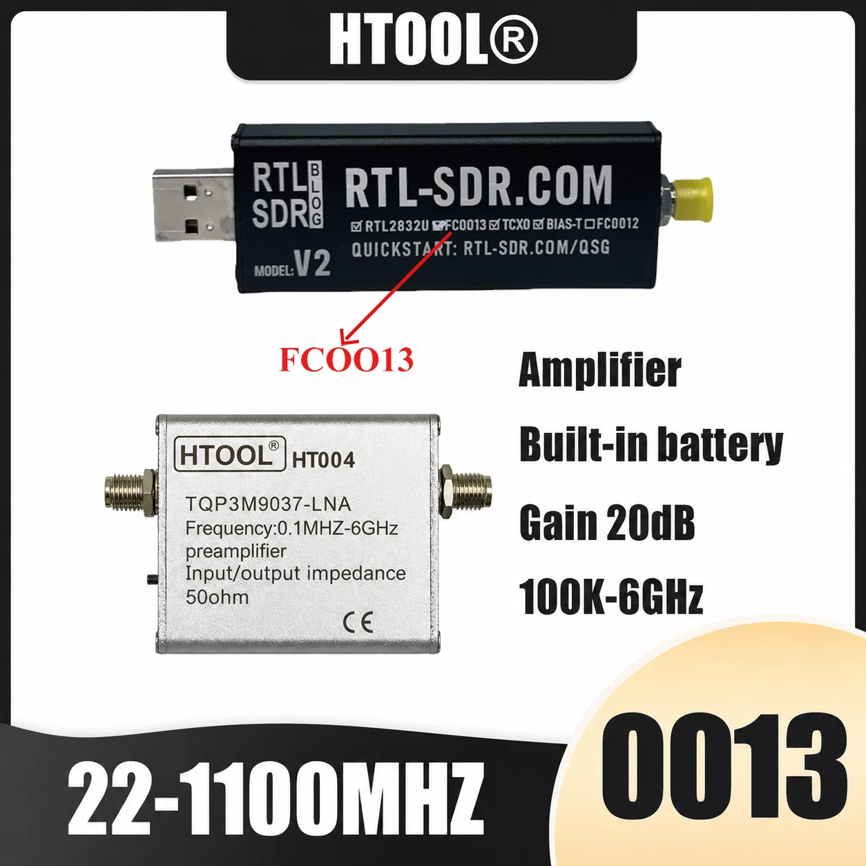 HT004 With Battery Low Noise Amplifier + SDR-V2 FC0013 Receiver Set 22-1100MHz 5dB NF 50Ω For Software Defined Radio