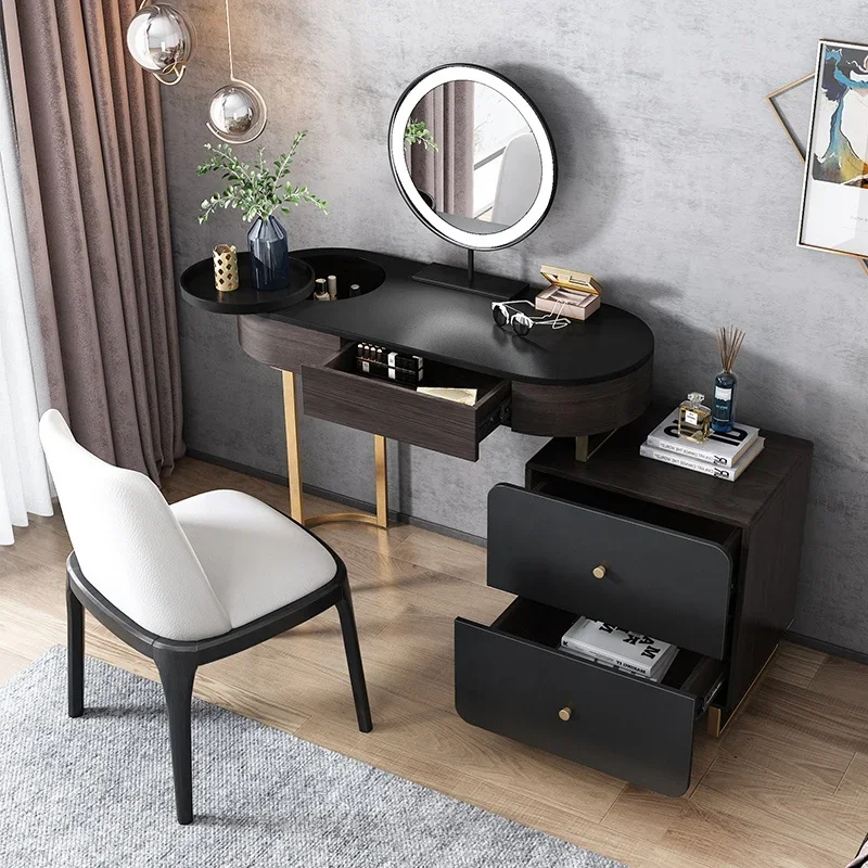 Girls Bedroom Furniture Golden Legs Luxury Black Dressing Table with Lighted Mirror