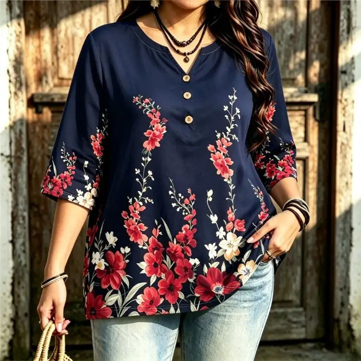 Women V Neck 3/4 Sleeve T Shirt Floral Print Curved Hem Casual Loose Fit Tops Vintage Botanical Flower Pattern Tees