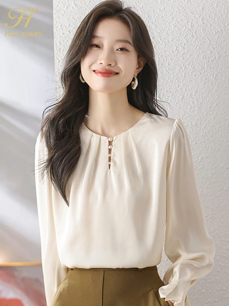 H Han Queen Spring Autumn Elegant Female Blouses Simple Office Lady Blouse Long Sleeve Tops Casual Korean OL Loose Blouses Women