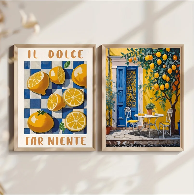 Póster Retro en lienzo de jardín de limón, impresiones de pared de árbol de olivo y limón fresco para sala de estar verano