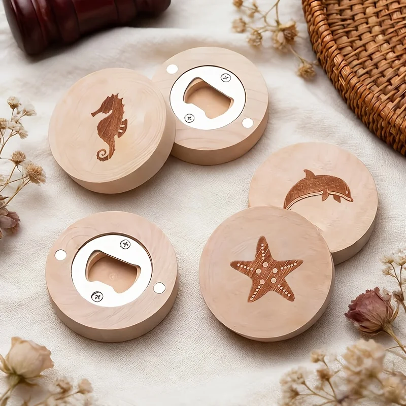 Retro Portable Marine Creatures Wooden Bottle Opener with Unique Grass Motif Animal Pattern Thank-You Gift for Father Party Gift