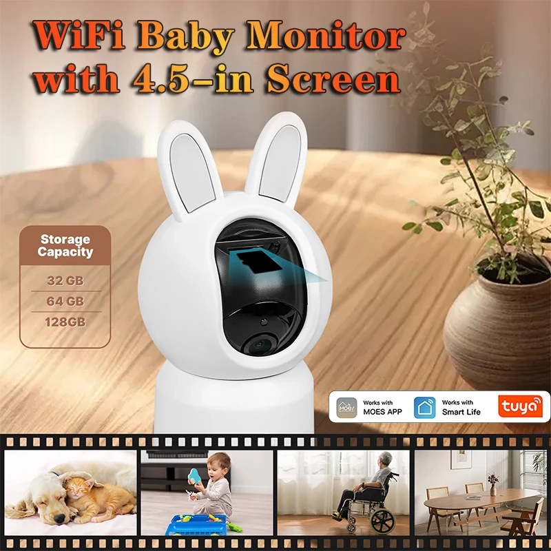 Smart WiFi Baby Pet Monitor Security Camera 4.5 Inch LCD Screen Tuya PTZ Zoom Surveillance Temperature Sensor Lullaby Feature