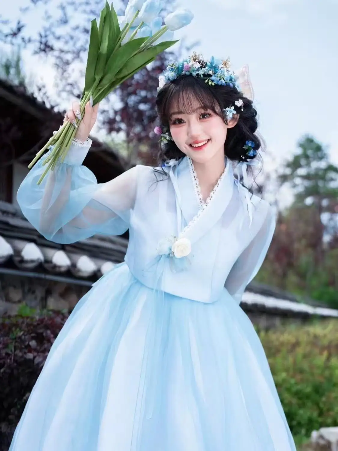 Elegant Blue Hanbok for Woman Traditional Korean Clothing Yanji Princess Cosplay Costume High-end Travel Wedding D