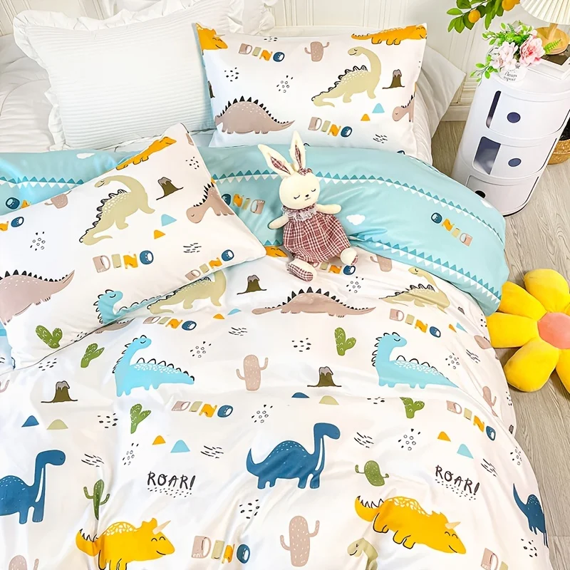 3 Pieces ROKI Dinosaur and Cactus Print Bedding Suit - Fresh Cartoon Animal Design，Breathable 100% Polyester Fiber down Quilt Co