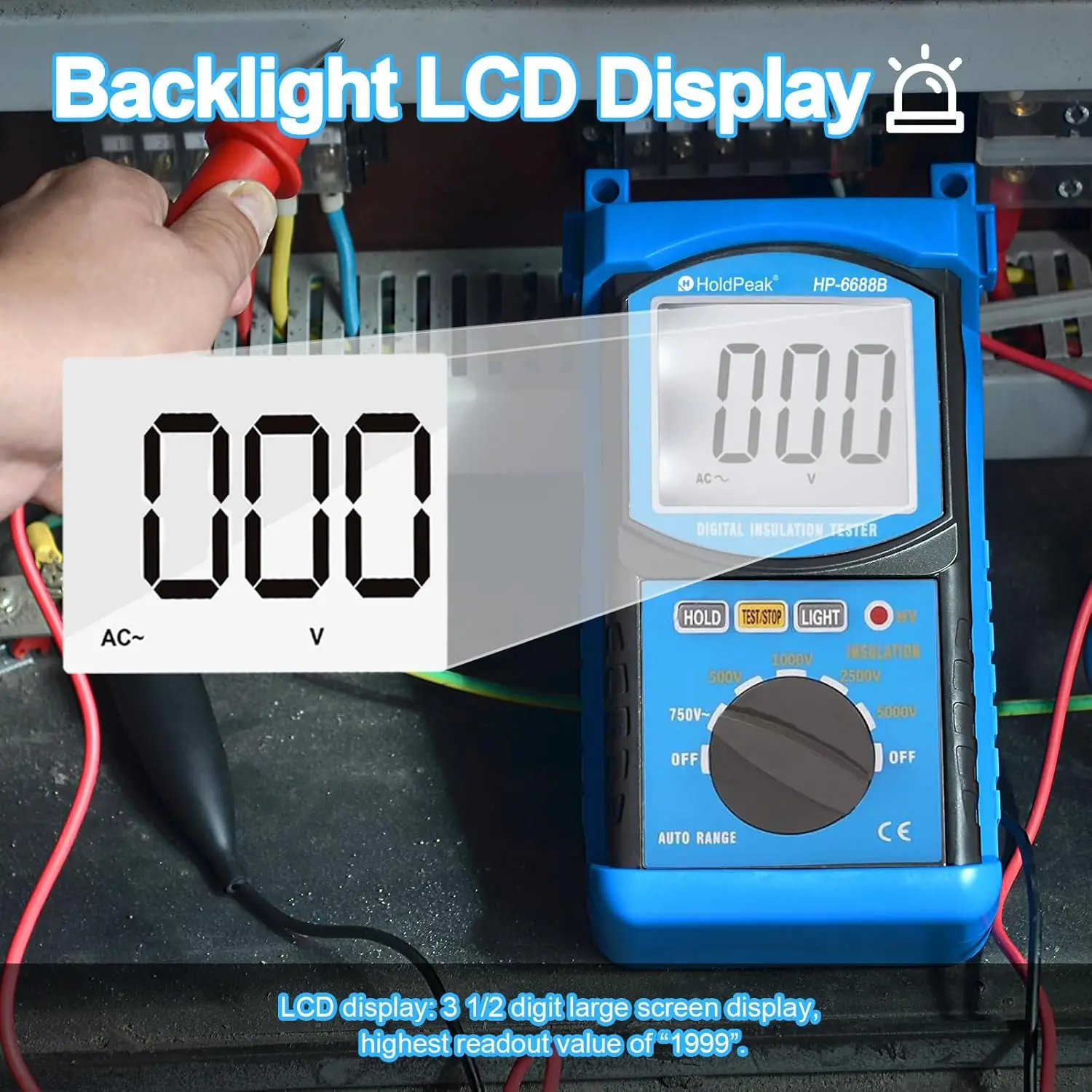 HoldPeak 6688B testeur d'isolation-5000V 200GΩ mégomètre à plage automatique avec rétroéclairage LCD, maintien des données, conception antimagnétique