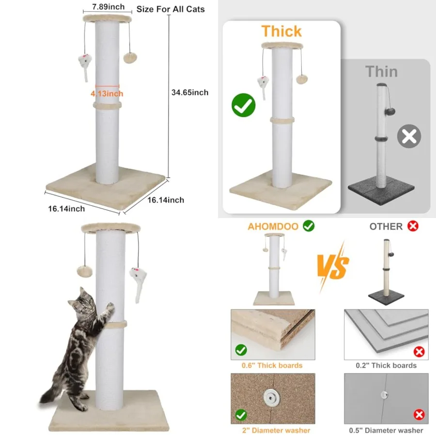 

Cat Scratching Post 34 Inch Heavy Duty and Thicker Cat Scratching Post Sisal Rope with Hanging Ball and Mice Scratching Post fo