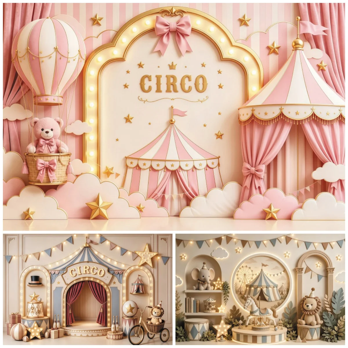 Pink Circus Photography Backdrop Hot Air Balloon Teddy Bear Kids 1St Birthday Party Baby Cake Smash Photo Studio Background