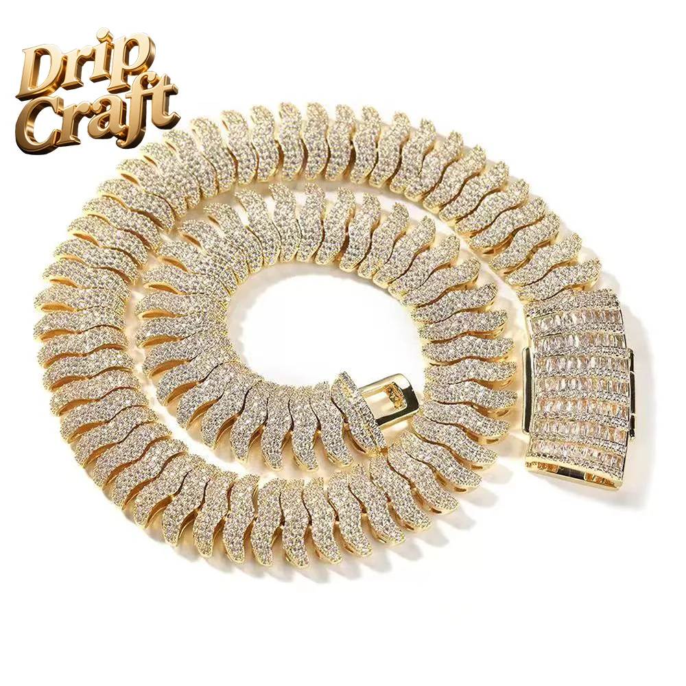 

21mm Copper Link Chain Necklace Full Diamond Hip-Hop Style Geometric Shape Rhodium Plating for Anniversary Buddhism Zircon Brass