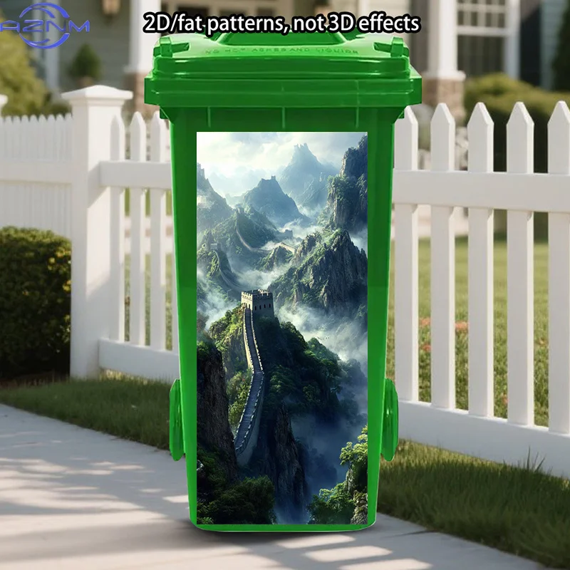 Asian Landscape Trash Can Sticker Decoration, Ancient Wonder Stickers, Misty Mountain Self-Adhesive Art Stickers, Serene Views