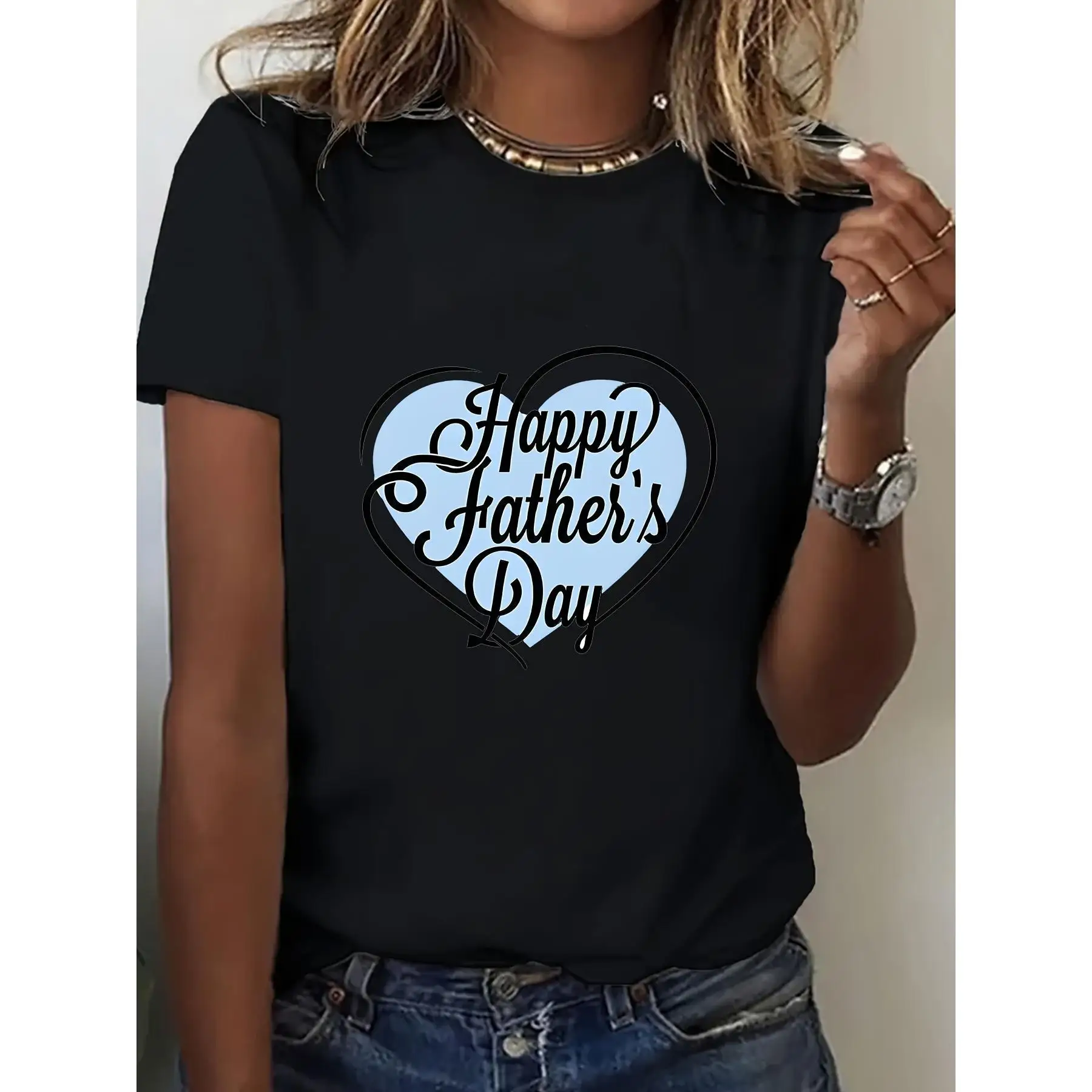 

Women'S Happy Father'S Day Graphic Tee Casual Short Sleeve Crewneck Top with Heart Design, Light Blue Print on Black