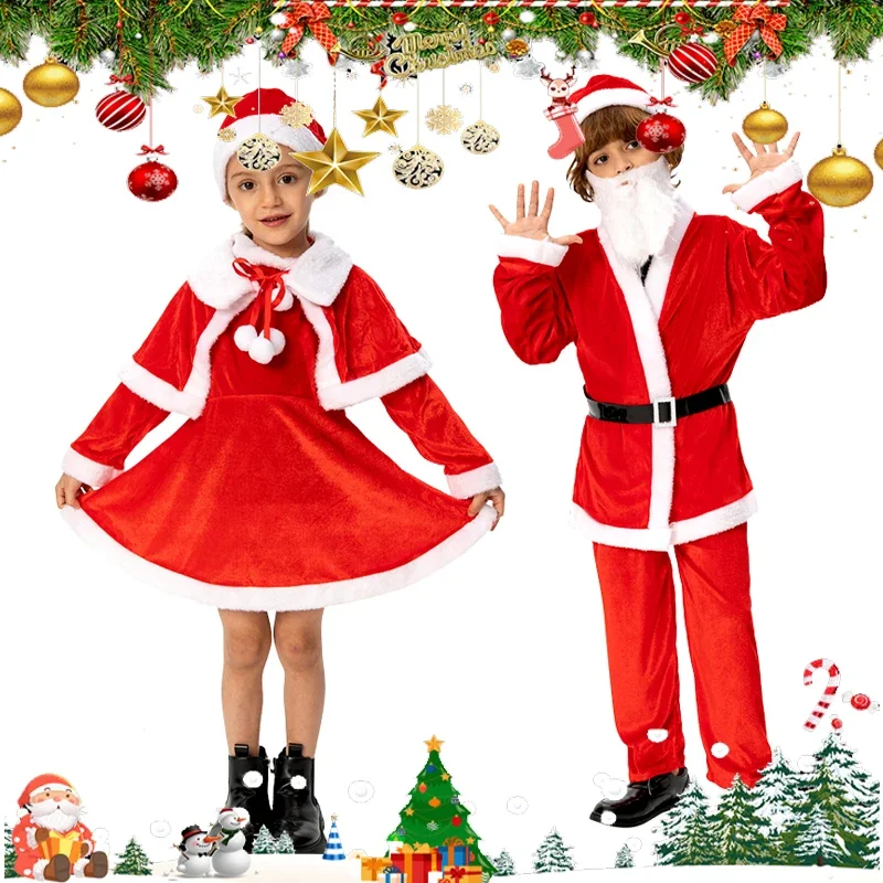 Santa Claus Costumes Kids Christmas Cosplay Party Clothing with Hat Cloak Skirt Santa Claus Stage Show Costumes Boys and Girls