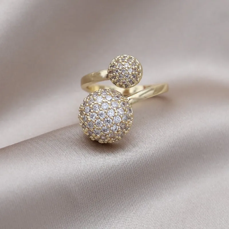2023 Korean new design fashion jewelry 14K gold plated round close-set zircon ball ring elegant women\'s daily work accessories