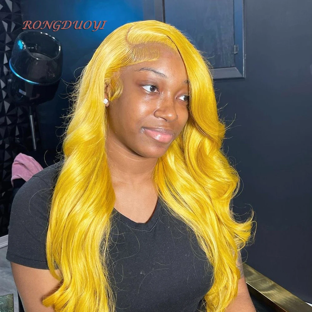 LearGDUOYI-Perruque Lace Front Wig Body Wave synthétique jaune vif pour femme, perruque Lace Wig en fibre de degré de chaleur, délié naturel utilisé