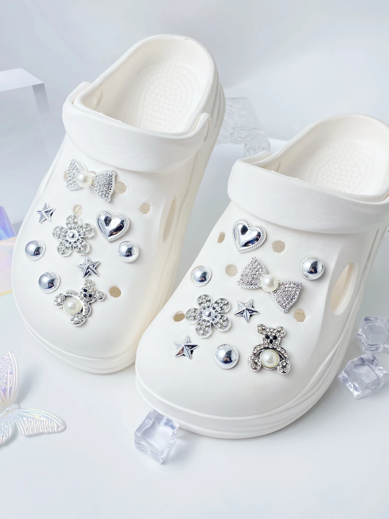 18 pieces of silver ABS pearl bow, heart, ABS Pearl Bear, flower, silver five-pointed star, ABS pearl shoe buckle DIY decoration