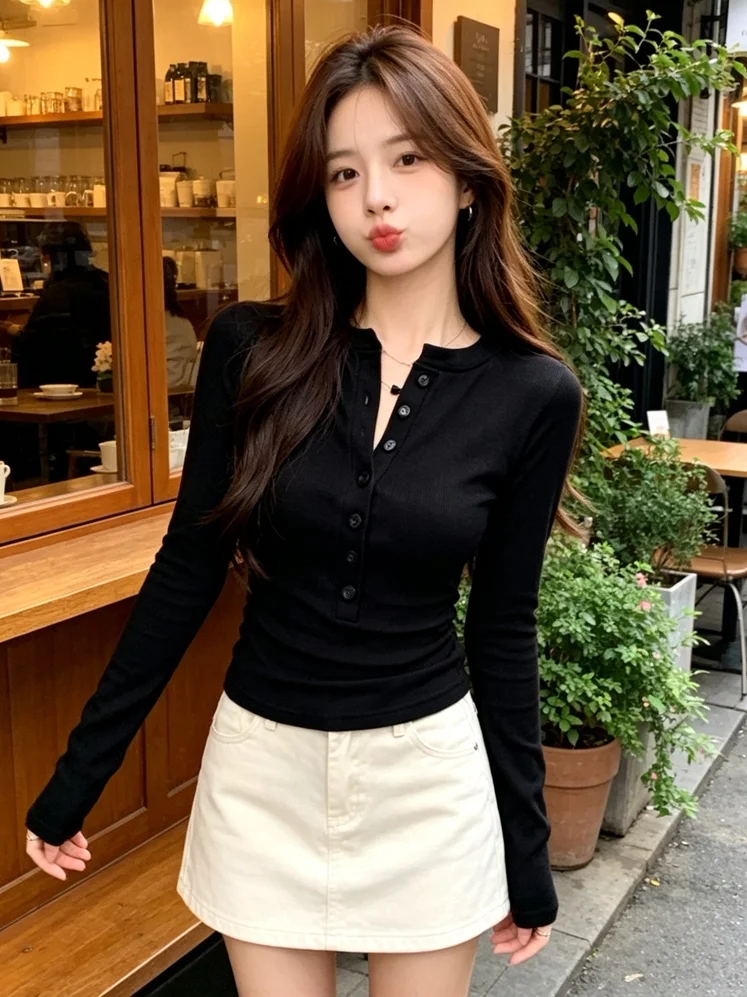 Slim Fit Long Sleeve T-Shirt Women's Spring Autumn Button up Halter Neck Base Shirt Korean Style Casual Cotton Top