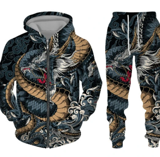 3d Drakenprint Hoodie + Broek Pak Cool Heren/Dames 2 Stuks Sportkleding Trainingspak Herfst En Winter Herenkleding