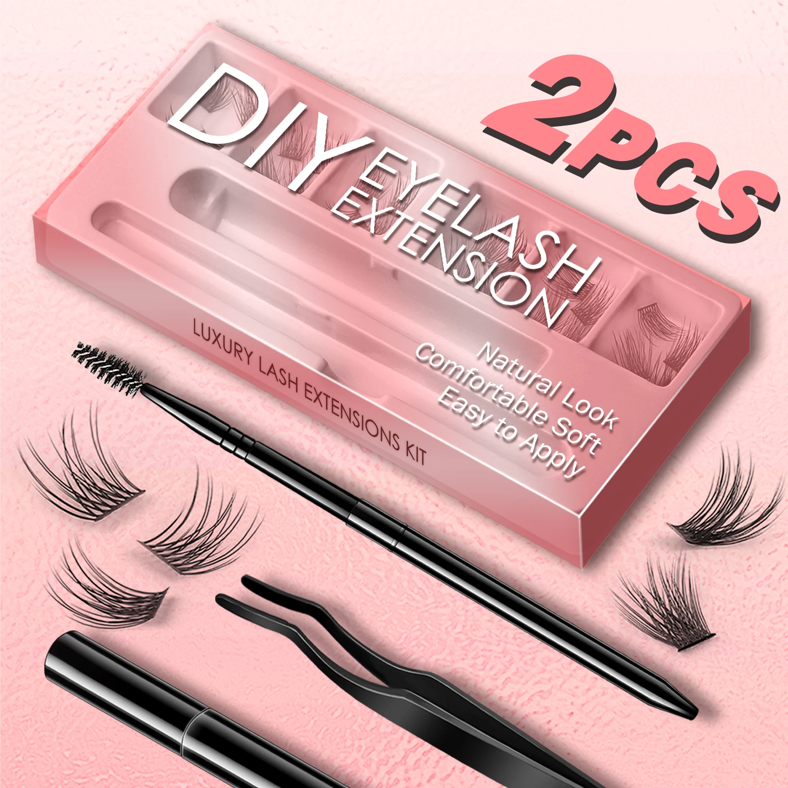 2PCS DIY Lash Clusters Kits Dropshipping Eyelash Extension Wisps Volume Natural Segmented Lashes Glue Bond Applicator Tweezers