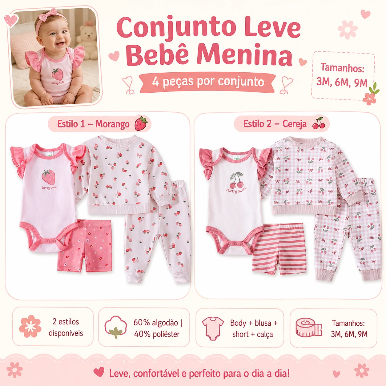 Kit Bebê Menina 4 Peças com Body, Blusa, Short e Calça