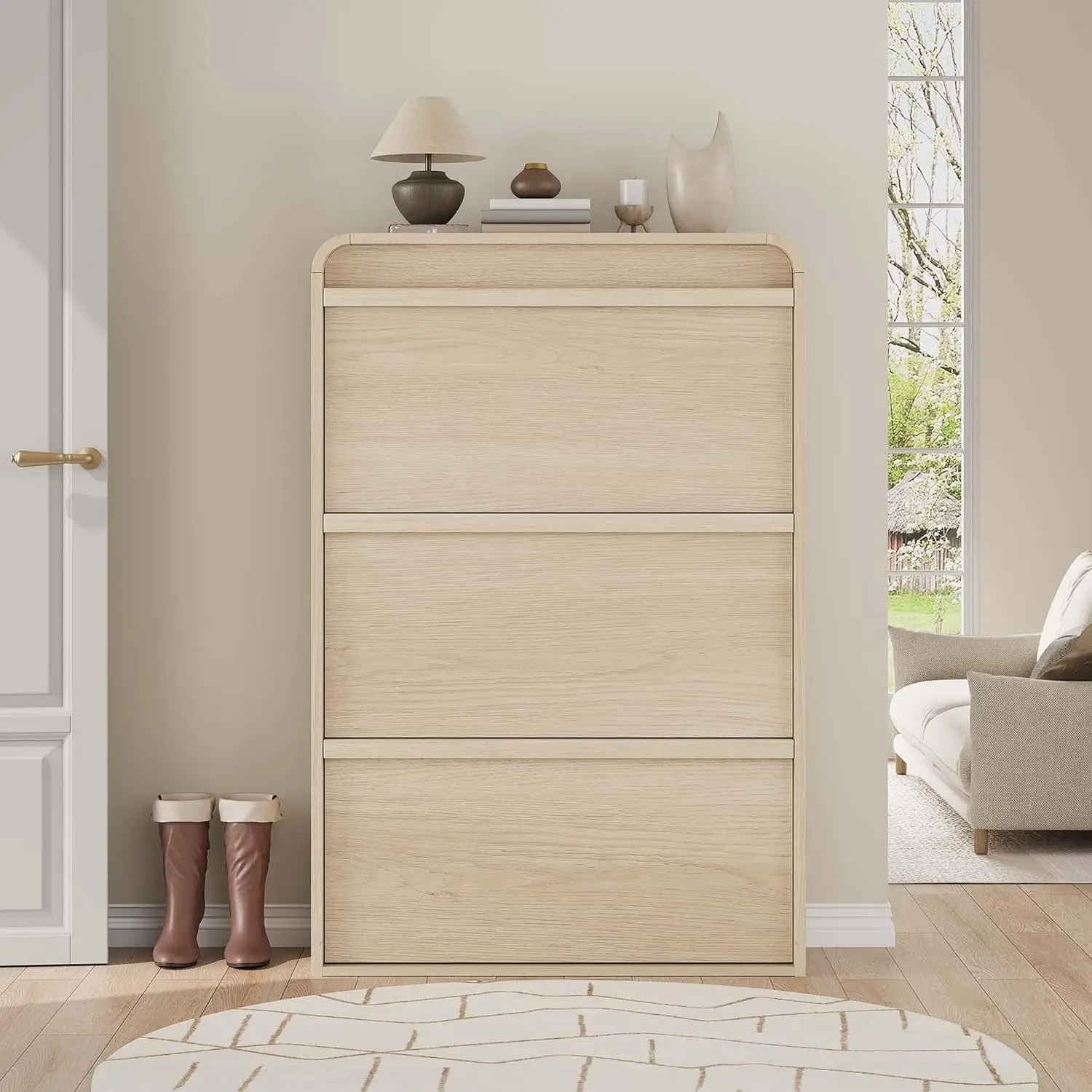 

Тумба для обуви с 3 откидными ящиками, деревянная тумба для обуви с регулируемой полкой и изогнутым дизайном, скрытая тумба для обуви